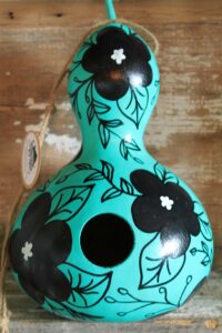 Dried & Painted Birdhouse Gourd-Black & Teal