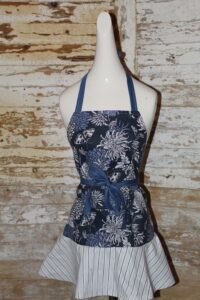Skirted Adult Apron-Navy blue w/ striped skirt